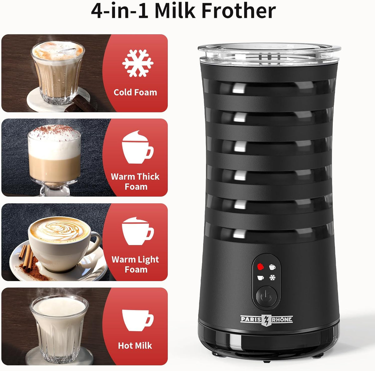 Paris Rhône Milk Frother, 4 in 1, Non-Slip, Hot & Cold Milk Steamer, Auto Shut-Off, Black, Plastic, Electric, Stylish, Eiffel Tower Design - PuriLite