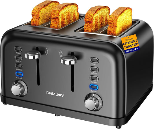 RAMJOY Black Toaster 4 Slice, Dual Independent Controls, Extra Wide Slot Toasters for Bagel, Bread, Waffles, 7 Shade Settings, 4 Main Functions, Removable Crumb Tray, 1500 Watts, Black Stainless Steel - PuriLite