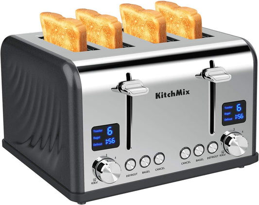 Toaster 4 Slice, Bagel Stainless Toaster with LCD Timer, Extra Wide Slots, Dual Screen, Removal Crumb Tray (Gray) - PuriLite