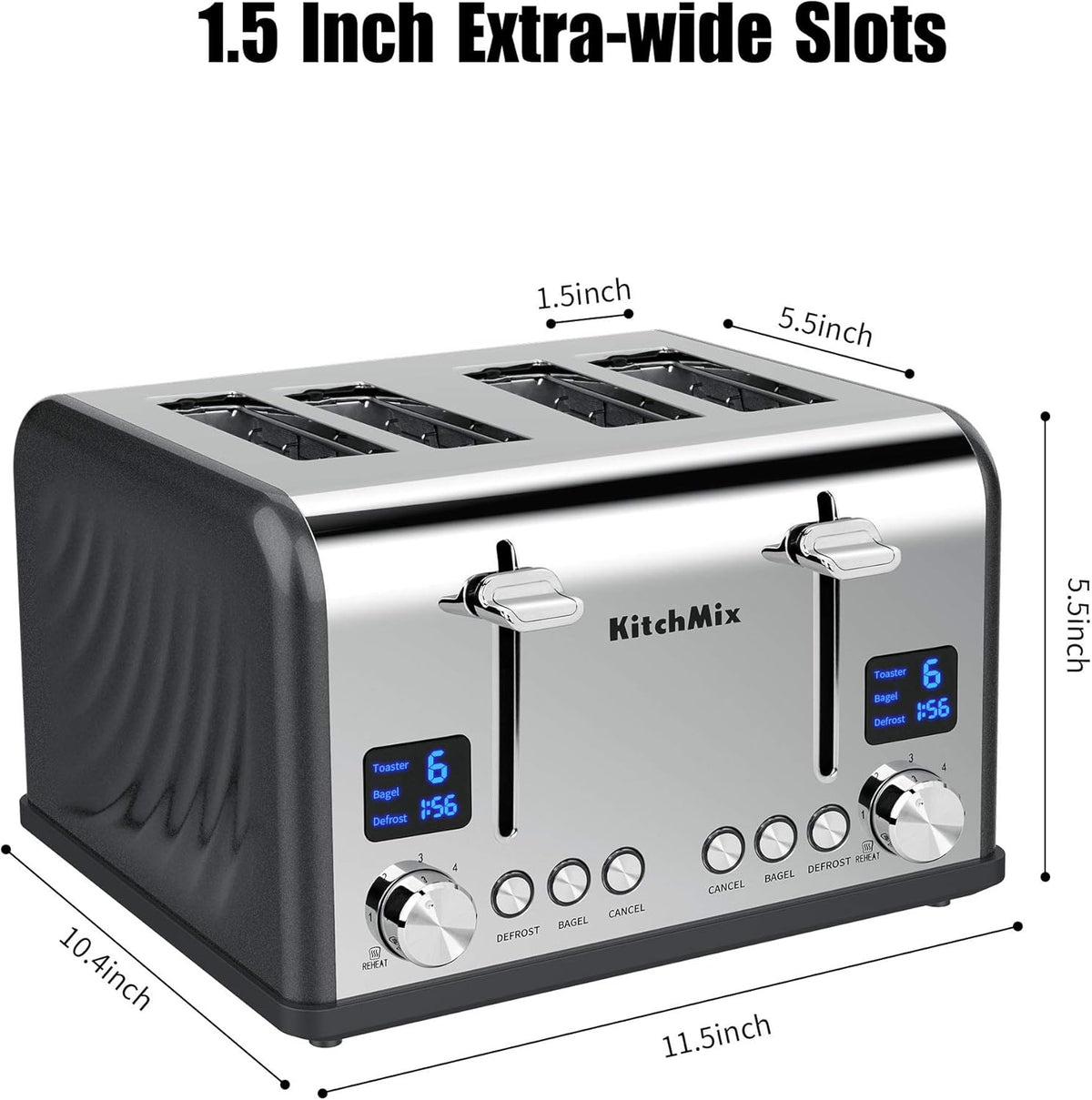 Toaster 4 Slice, Bagel Stainless Toaster with LCD Timer, Extra Wide Slots, Dual Screen, Removal Crumb Tray (Gray) - PuriLite