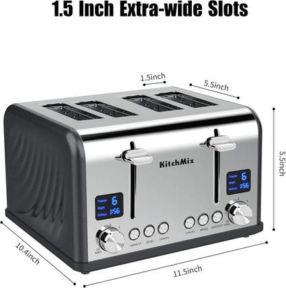 Toaster 4 Slice, Bagel Stainless Toaster with LCD Timer, Extra Wide Slots, Dual Screen, Removal Crumb Tray (Gray) - PuriLite