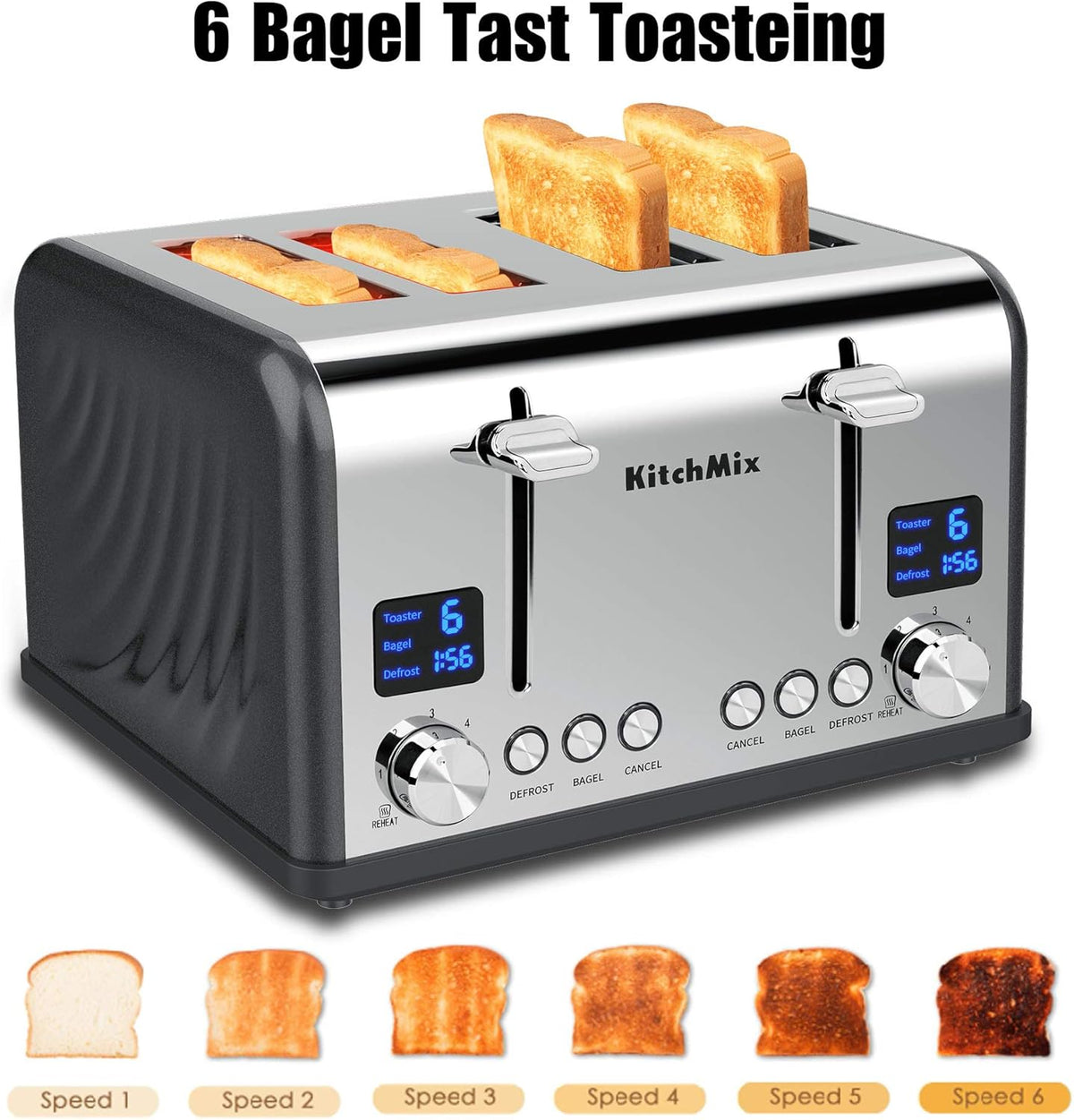 Toaster 4 Slice, Bagel Stainless Toaster with LCD Timer, Extra Wide Slots, Dual Screen, Removal Crumb Tray (Gray) - PuriLite