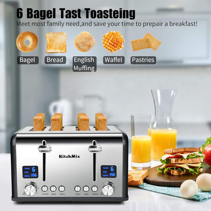 Toaster 4 Slice, Bagel Stainless Toaster with LCD Timer, Extra Wide Slots, Dual Screen, Removal Crumb Tray (Gray) - PuriLite
