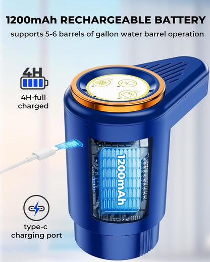Water Dispenser, Portable Electric Water Bottle Pump Rechargeable for 5 Gallon Bottles, USB-C Charging for Home Kitchen Room Camping, Blue - PuriLite