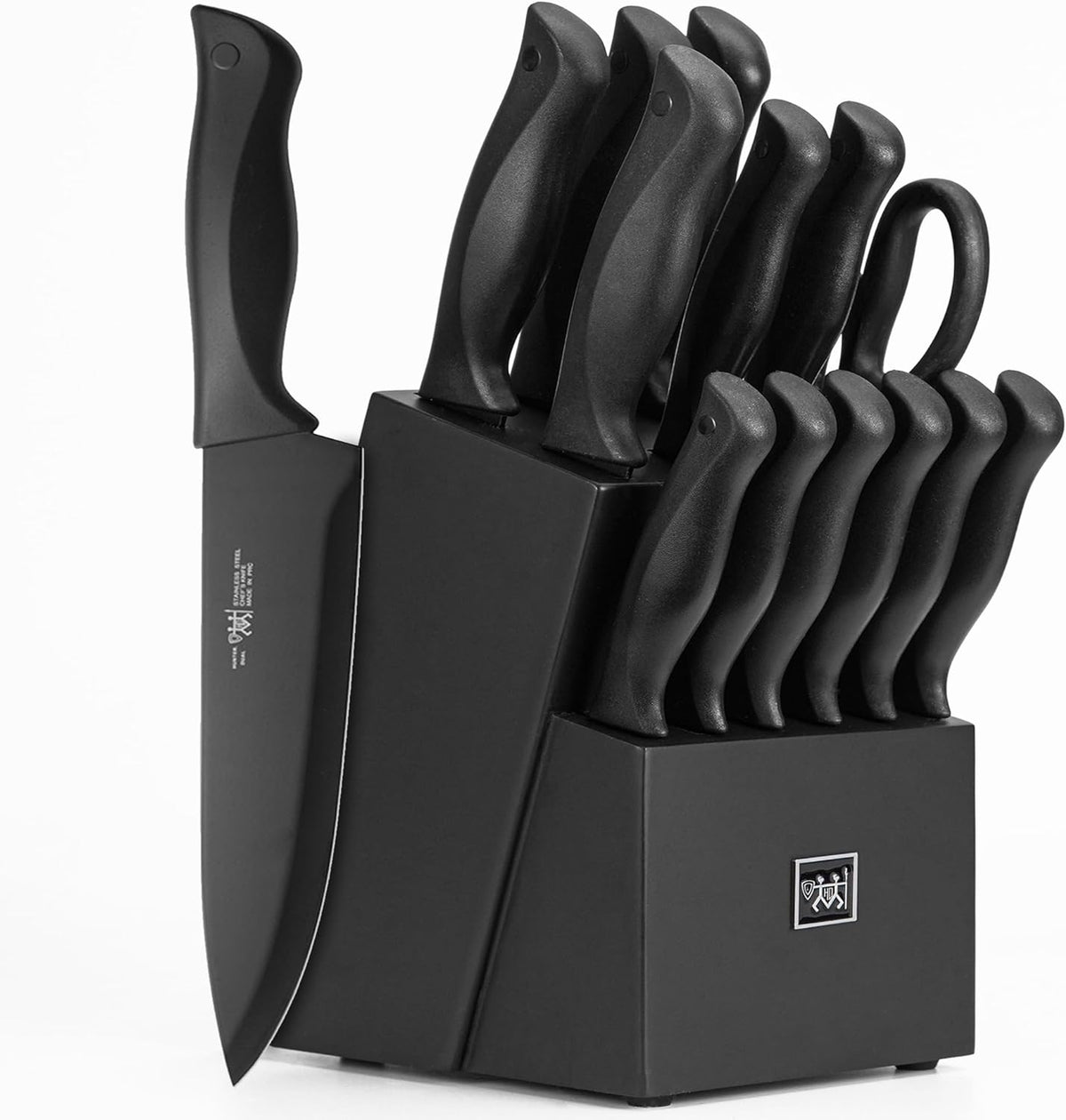 HUNTER.DUAL Knife Set, Dishwasher Safe Kitchen Knife Set with Block, 15 Pcs Black Kitchen Knife Sets with Block Self Sharpening, 6 Steak Knives, Black - PuriLite