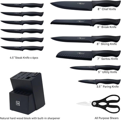 HUNTER.DUAL Knife Set, Dishwasher Safe Kitchen Knife Set with Block, 15 Pcs Black Kitchen Knife Sets with Block Self Sharpening, 6 Steak Knives, Black - PuriLite