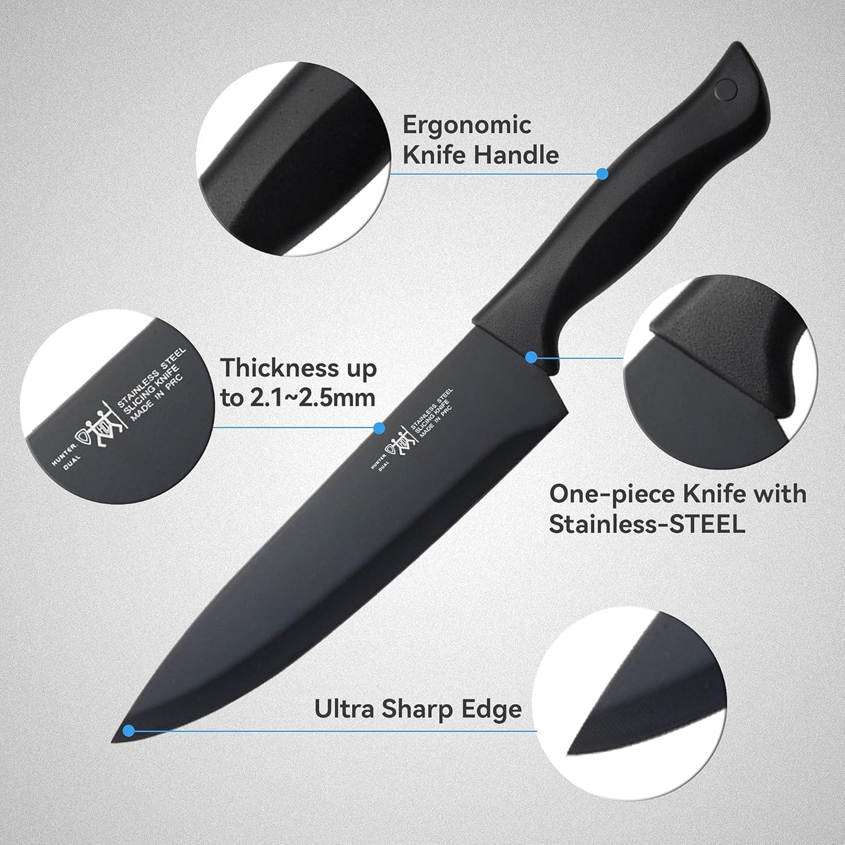 HUNTER.DUAL Knife Set, Dishwasher Safe Kitchen Knife Set with Block, 15 Pcs Black Kitchen Knife Sets with Block Self Sharpening, 6 Steak Knives, Black - PuriLite