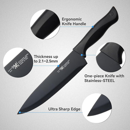 HUNTER.DUAL Knife Set, Dishwasher Safe Kitchen Knife Set with Block, 15 Pcs Black Kitchen Knife Sets with Block Self Sharpening, 6 Steak Knives, Black - PuriLite
