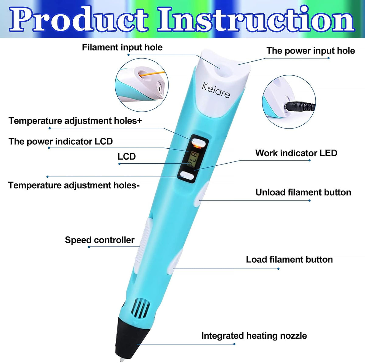 3D Printing Pen for Kids with Adjustable Temperature and Speed Includes 12 Color PLA Filament Refills and Charger Creative Drawing and Writing Tool - PuriLite