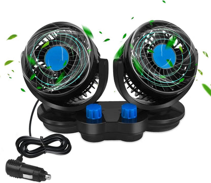 Itian 360° Rotating Double Mini Electric Car Fan - Dual Head Clip Fan for Car, SUV, RV, Boat, Adjustable Speeds, Includes Adhesive Stickers - PuriLite