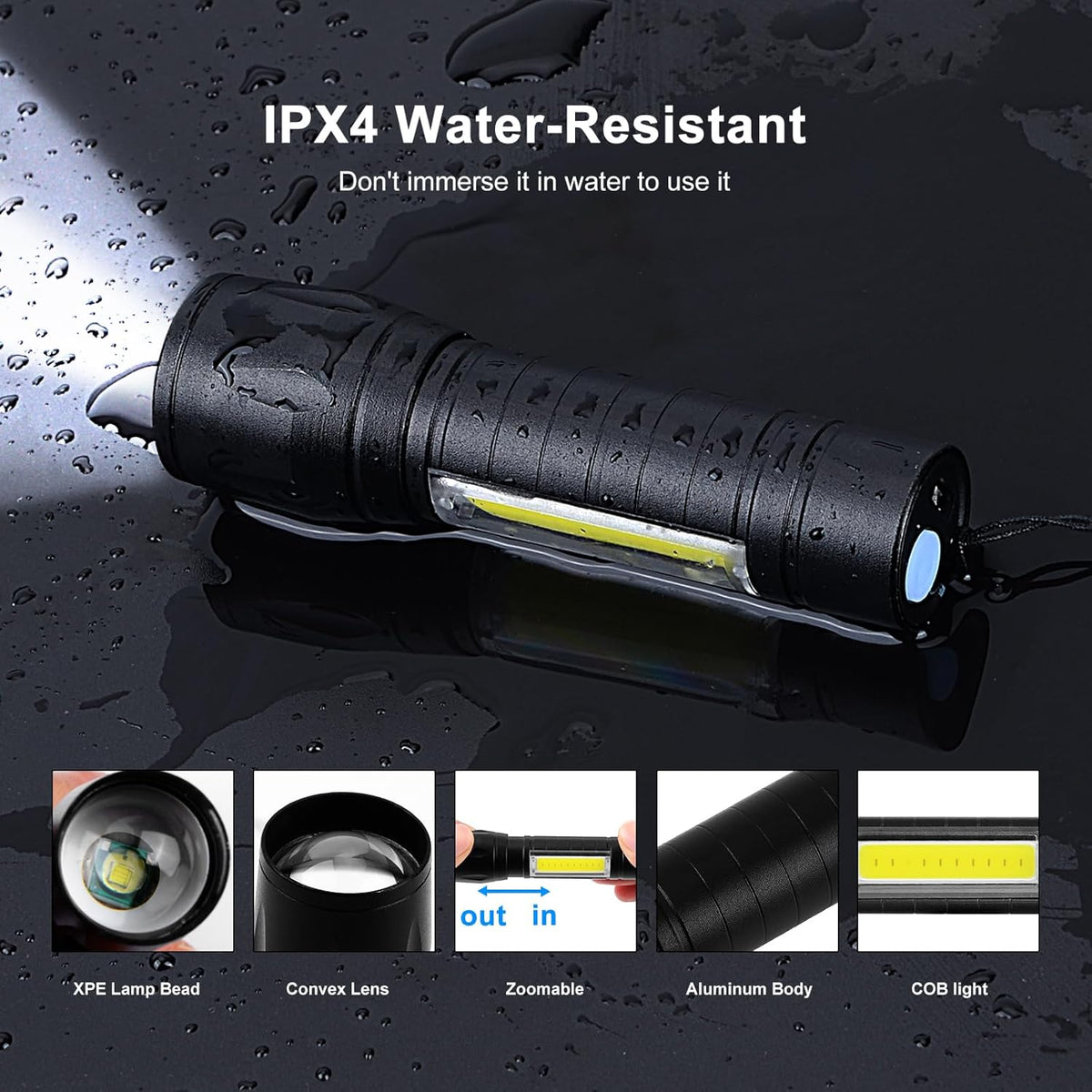 3 Pack Rechargeable Mini LED Flashlight - 3 Modes, Side COB Lamp, Zoomable, Water Resistant, Compact Pocket Size Torch - PuriLite