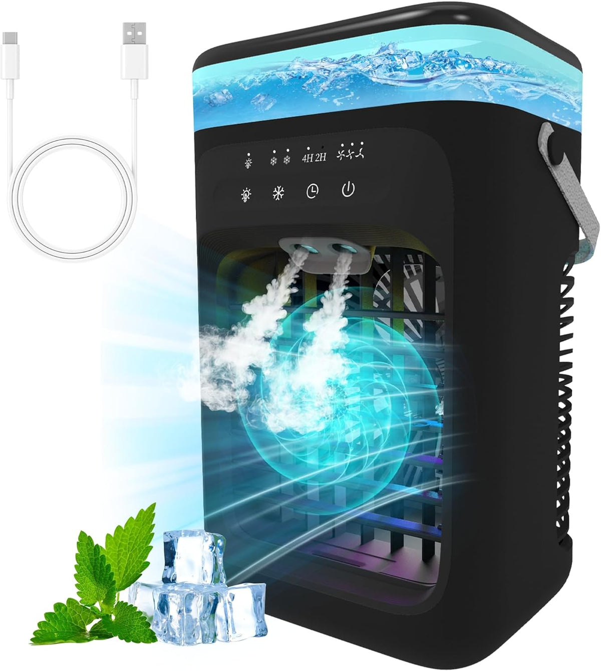 Mecmic Portable Air Conditioner Cooling Fan - 3 Speeds, 2 Mist Modes, 1000mL Water Tank, 7-Color Night Light, 2-4H Timer, Mini Cooling Fan for Bedroom, Office, Camping - PuriLite