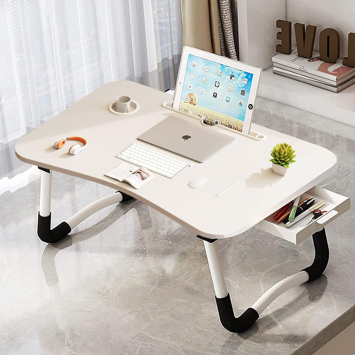 EAQ Laptop Bed Desk,Bed Table Portable Foldable Laptop Bed Tray Table with Cup Holder/Storage Drawer/Bookshelf Board for Bed/Couch/Sofa Working, Reading (White) - PuriLite