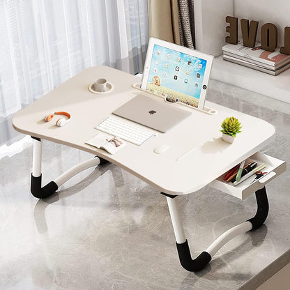 EAQ Laptop Bed Desk,Bed Table Portable Foldable Laptop Bed Tray Table with Cup Holder/Storage Drawer/Bookshelf Board for Bed/Couch/Sofa Working, Reading (White) - PuriLite