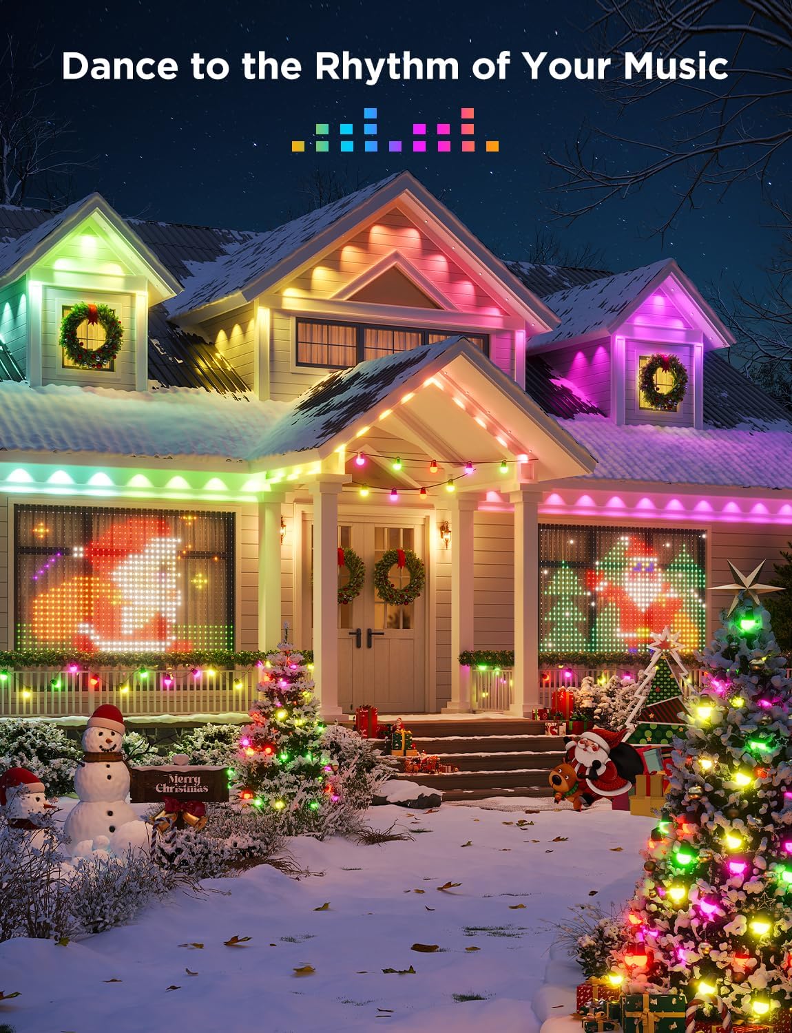 Govee Christmas Lights Set Includes 100ft Permanent Outdoor Lights 2 H705E, 4.9×6.6ft Curtain Lights, 96ft String Lights; IP65 RGBIC Smart Lights, Outdoor Christmas Decor, Santa's Beacon Bundle - PuriLite