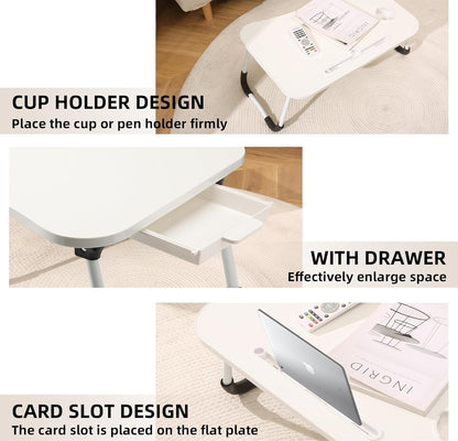 EAQ Laptop Bed Desk,Bed Table Portable Foldable Laptop Bed Tray Table with Cup Holder/Storage Drawer/Bookshelf Board for Bed/Couch/Sofa Working, Reading (White) - PuriLite