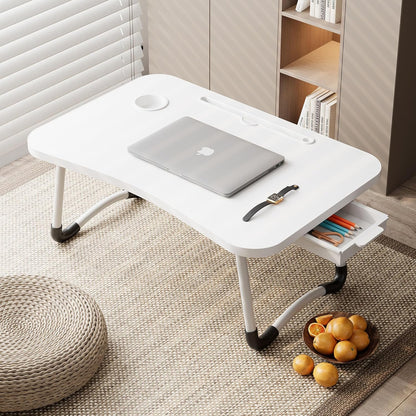 EAQ Laptop Bed Desk,Bed Table Portable Foldable Laptop Bed Tray Table with Cup Holder/Storage Drawer/Bookshelf Board for Bed/Couch/Sofa Working, Reading (White) - PuriLite