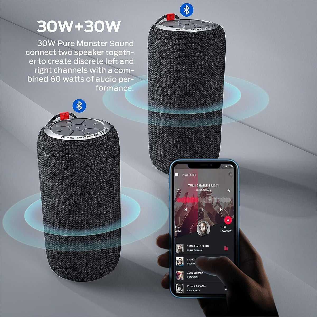 Monster S310 Bluetooth Speaker, Portable Bluetooth Speaker, 30W True Wireless Stereo Pairing Deliver Dynamic Sound, Waterproof Speaker, Bluetooth 5.2 Built-in Mic, 24H, for Family Outdoor - PuriLite