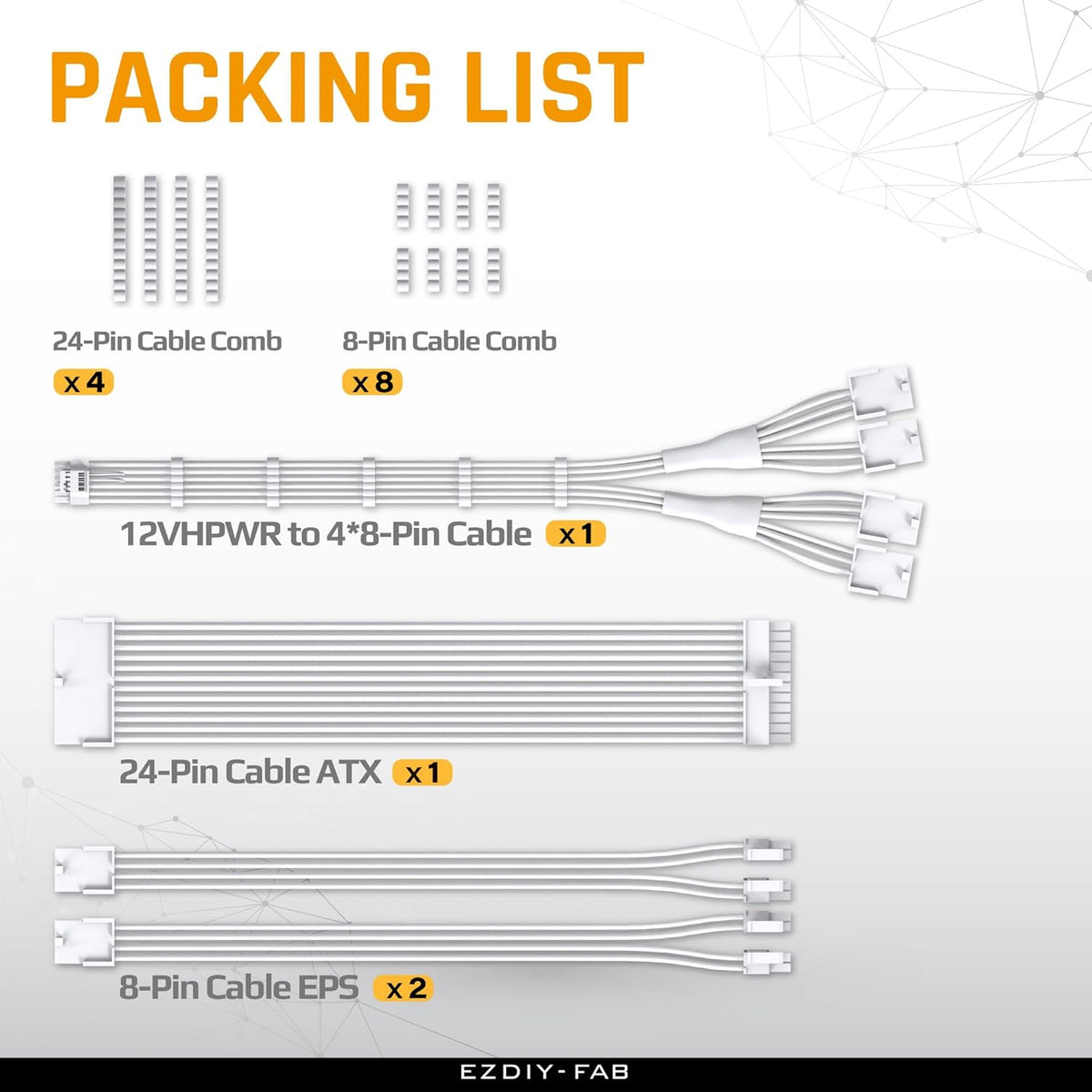 EZDIY-FAB PCIE 5.0 12VHPWR Sleeved Cable Kit, PC 16AWG Power Supply Cable Extension, 24PIN-ATX/(4+4) PIN-EPS/(12+4) PIN to 4X 8 PIN PCIE- RTX4090/4080/4070Ti Extension Cable-Pure White - PuriLite