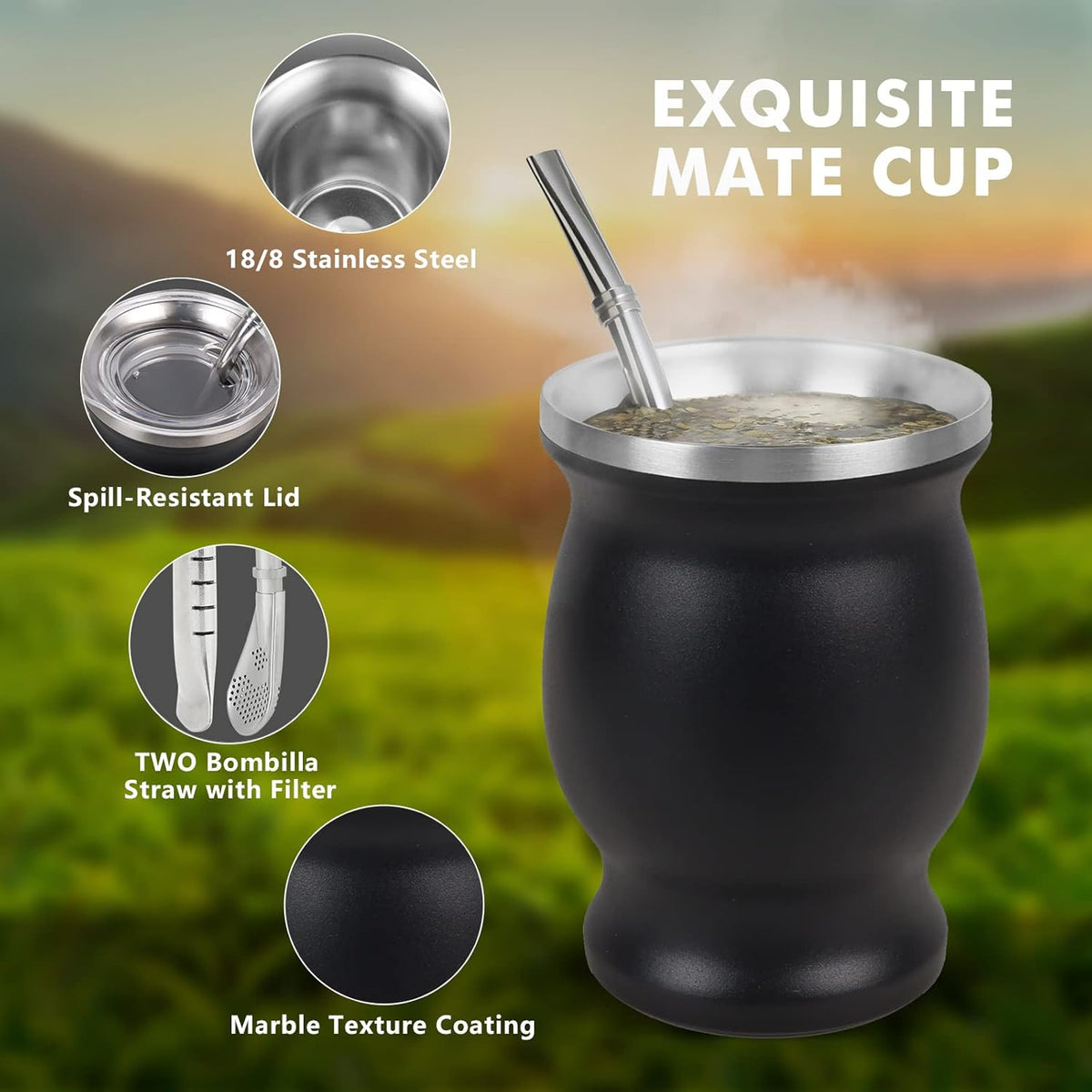 9Oz Yerba Mate Cup, Yerba Mate Gourd Set-Stainless Steel Modern Mate Cup, 2 Bombilla Mate Straws, Cleaning Brush and BPA Free Lid, Double-Walled and Hot&Cold Drink, Mate Gourd for Mate Tea, Coffee - PuriLite