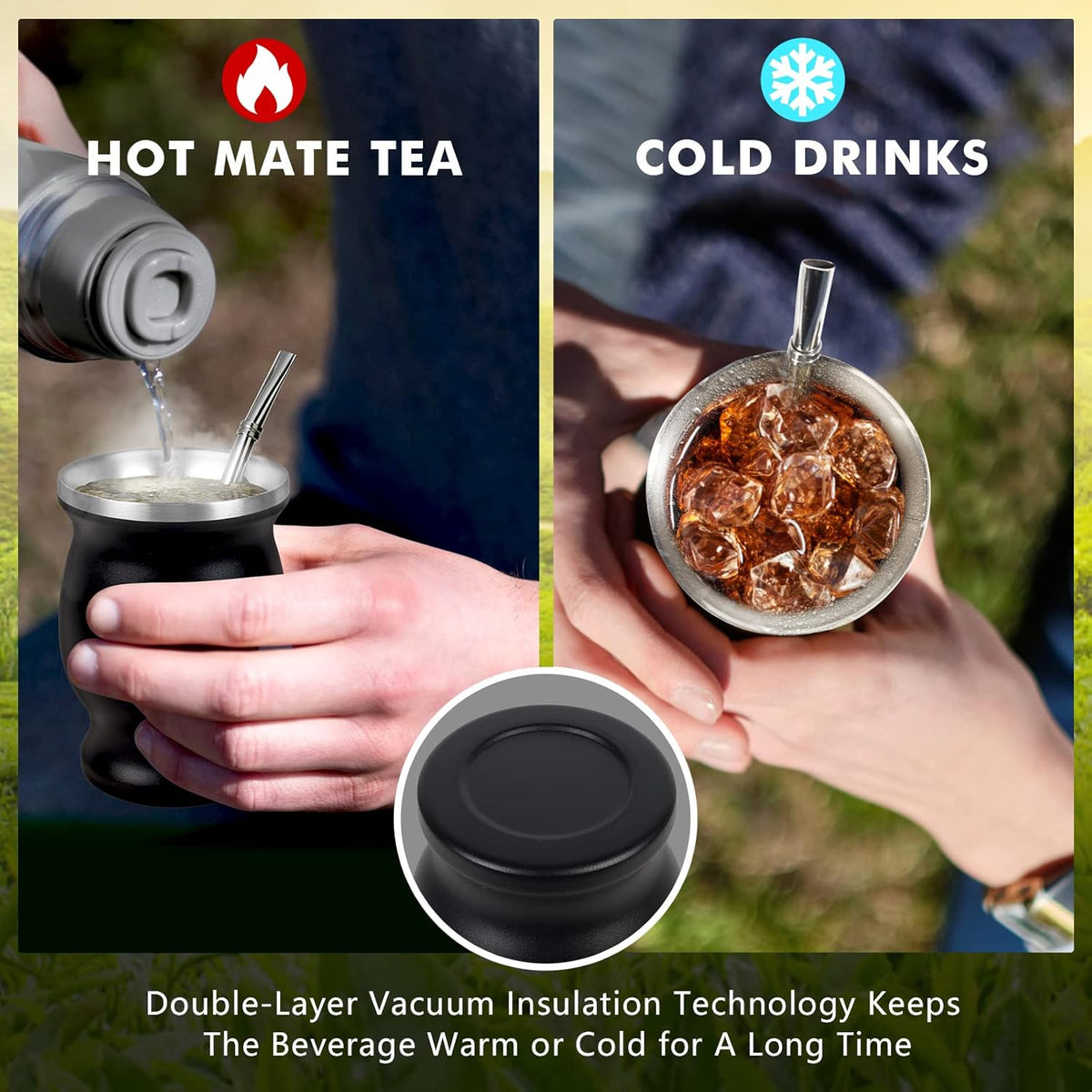 9Oz Yerba Mate Cup, Yerba Mate Gourd Set-Stainless Steel Modern Mate Cup, 2 Bombilla Mate Straws, Cleaning Brush and BPA Free Lid, Double-Walled and Hot&Cold Drink, Mate Gourd for Mate Tea, Coffee - PuriLite