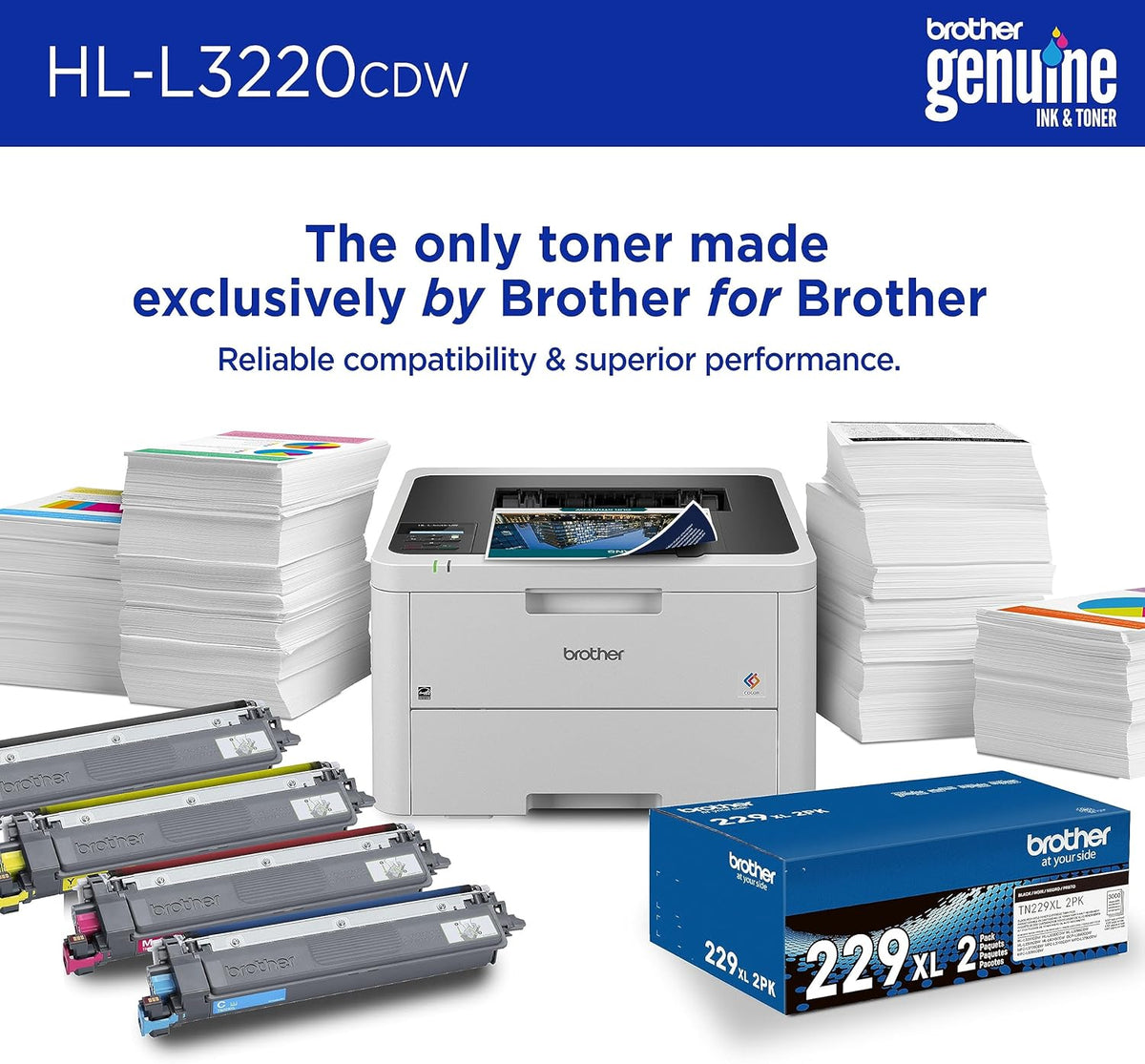 Brother HL-L3220CDW Wireless Compact Digital Colour Printer with Laser Quality Output, Duplex and Mobile Device Printing - PuriLite