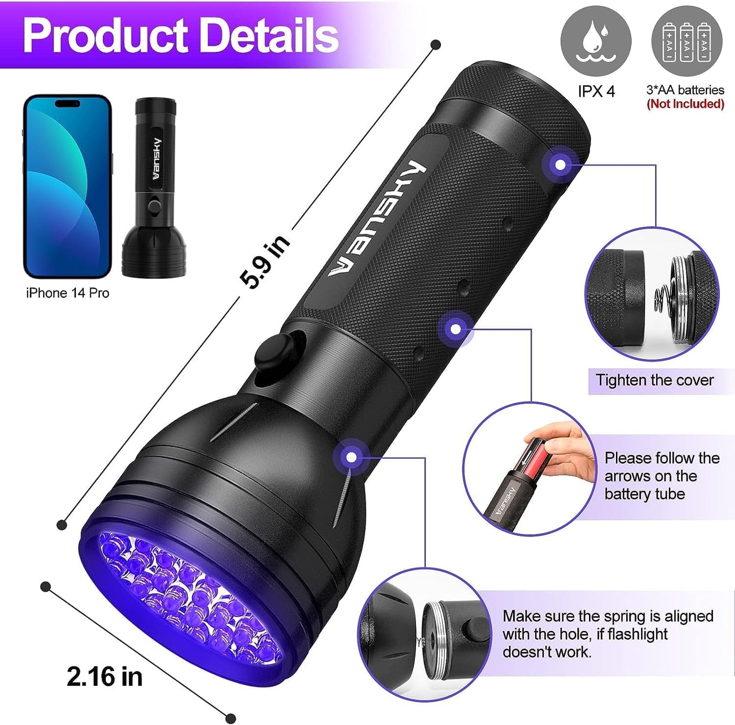 UV Flashlight Black Light UV Lights, Vansky 51 LED Ultraviolet Blacklight Pet Urine Detector for Dog Cat Urine,Dry Stains,Bed Bug, Matching with Pet Odor Eliminator - PuriLite