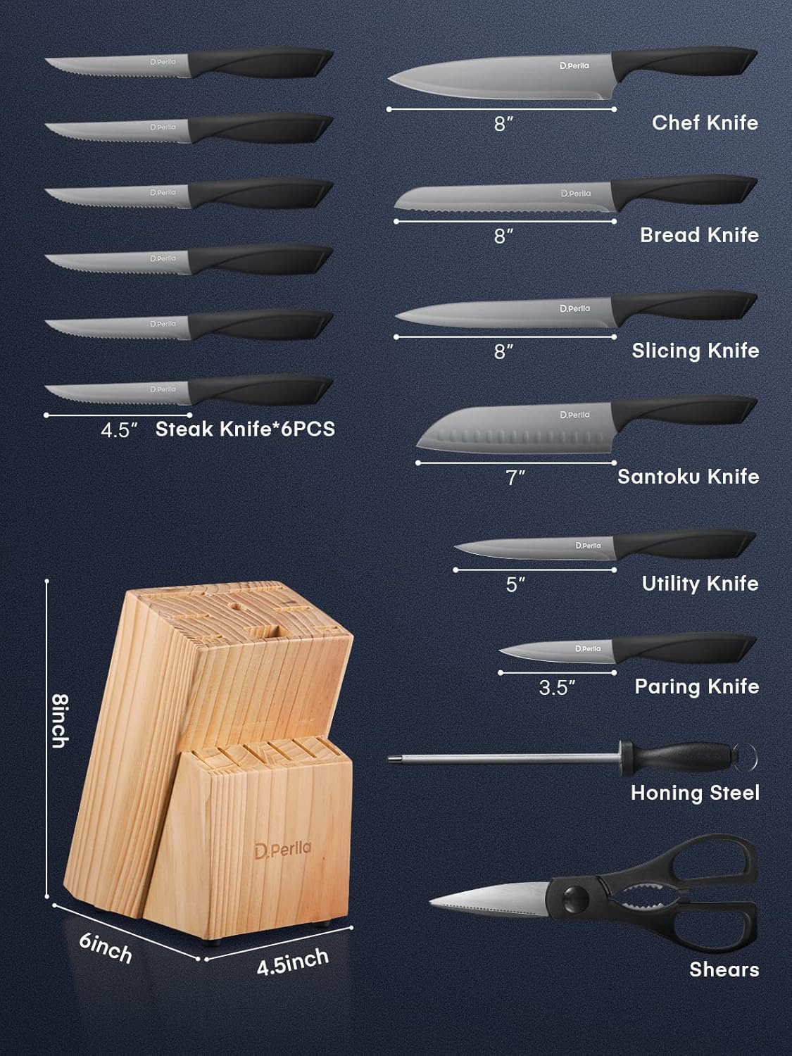 D.Perlla Knife Set, 15-Piece Kitchen Knife Set with Wooden Block, High Carbon Stainless Steel Knife Block Set with BO Oxidation Technology, Anti-Rusting & Anti-Corrosion Cutlery Knife Set - PuriLite