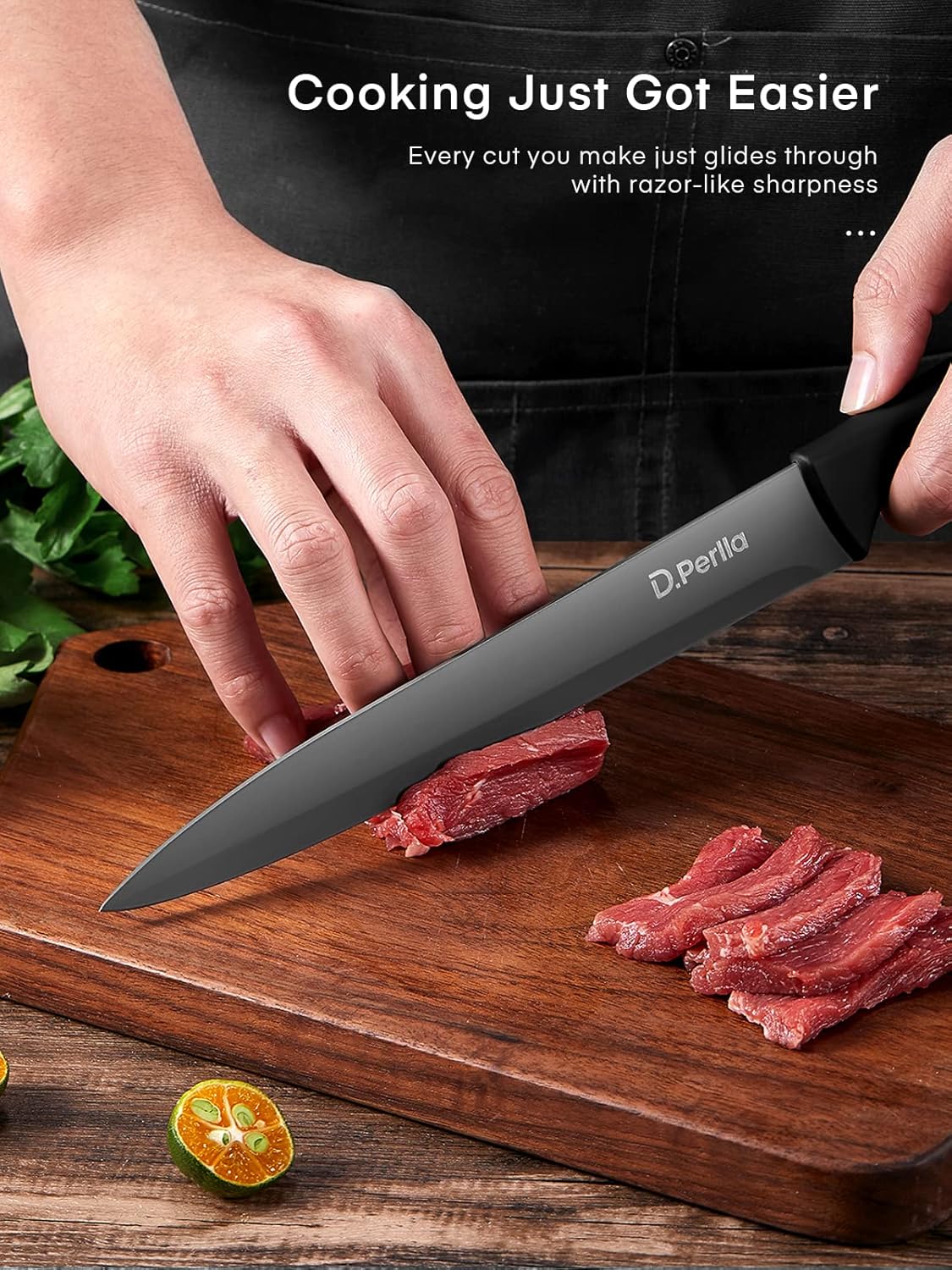 D.Perlla Knife Set, 15-Piece Kitchen Knife Set with Wooden Block, High Carbon Stainless Steel Knife Block Set with BO Oxidation Technology, Anti-Rusting & Anti-Corrosion Cutlery Knife Set - PuriLite