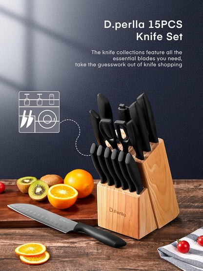 D.Perlla Knife Set, 15-Piece Kitchen Knife Set with Wooden Block, High Carbon Stainless Steel Knife Block Set with BO Oxidation Technology, Anti-Rusting & Anti-Corrosion Cutlery Knife Set - PuriLite