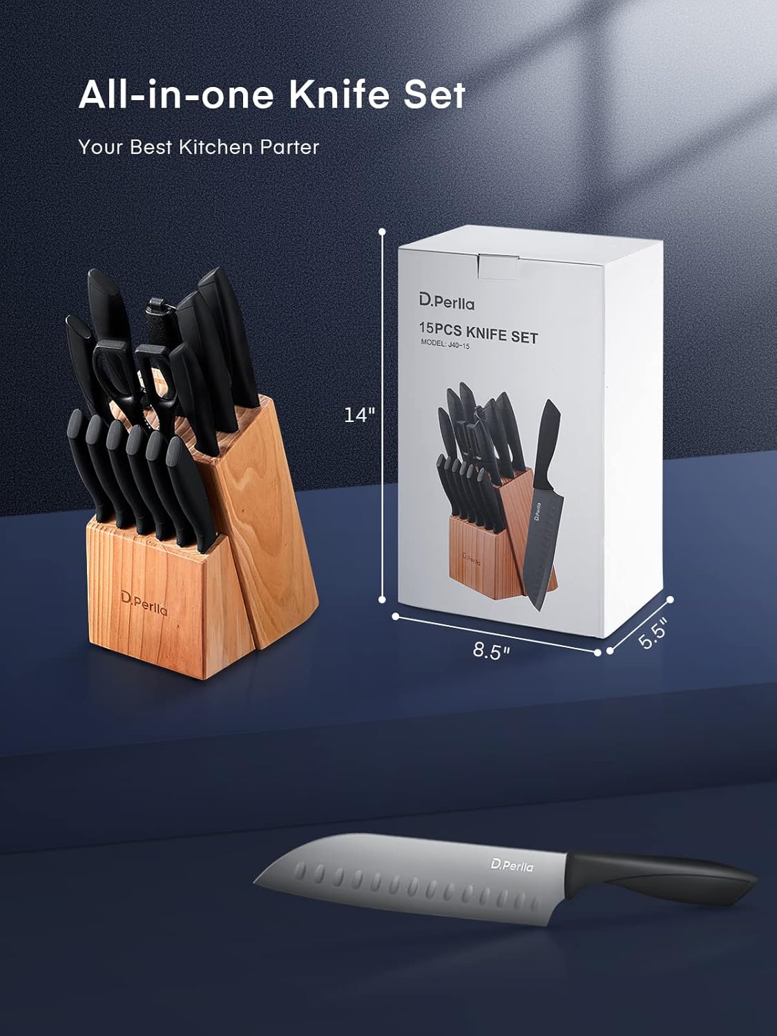 D.Perlla Knife Set, 15-Piece Kitchen Knife Set with Wooden Block, High Carbon Stainless Steel Knife Block Set with BO Oxidation Technology, Anti-Rusting & Anti-Corrosion Cutlery Knife Set - PuriLite