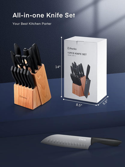 D.Perlla Knife Set, 15-Piece Kitchen Knife Set with Wooden Block, High Carbon Stainless Steel Knife Block Set with BO Oxidation Technology, Anti-Rusting & Anti-Corrosion Cutlery Knife Set - PuriLite
