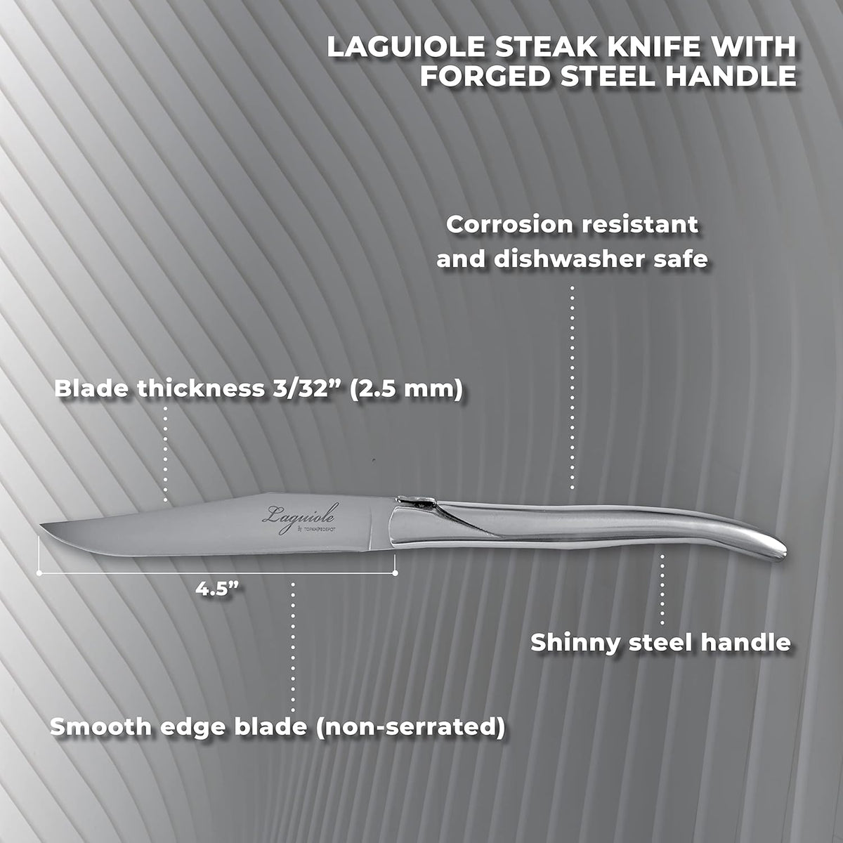 TopKnife Laguiole Forged Steak Knife Set (Set of 6) – Stainless Steel Handle - Gift Box Included - PuriLite