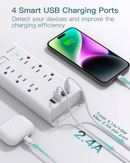 Power Strip Surge Protector - Addtam 10Ft Long Extension Cord with 6 Outlets and 4 USB Ports(2USB C), Flat Plug Overload Surge Protection Outlet Strip, Wall Mount for Home, Office and More - PuriLite
