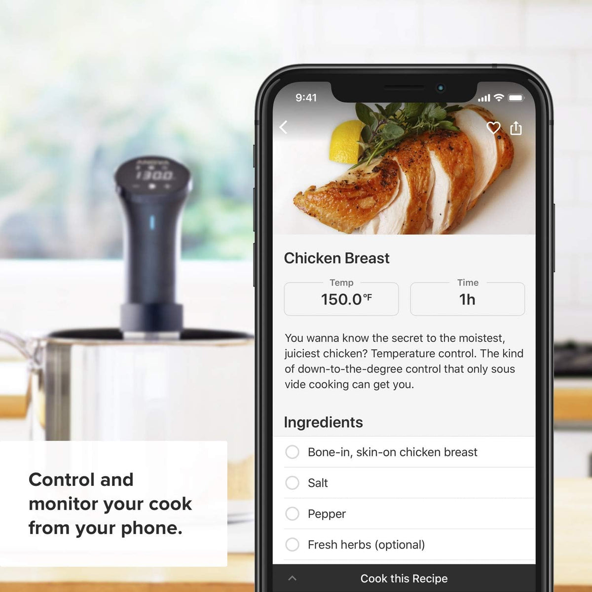 Anova Culinary AN500-US00 Sous Vide Precision Cooker (WiFi), 1000 Watts | Anova App Included, Black and Silver - PuriLite