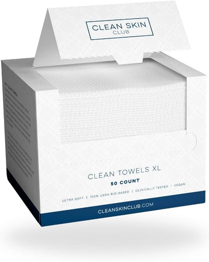 Clean Skin Club Clean Towels XL, 100% USDA Biobased Face Towel, Disposable Face Towelette, Makeup Remover Dry Wipes, Ultra Soft, 50 Ct, 1 Pack - PuriLite