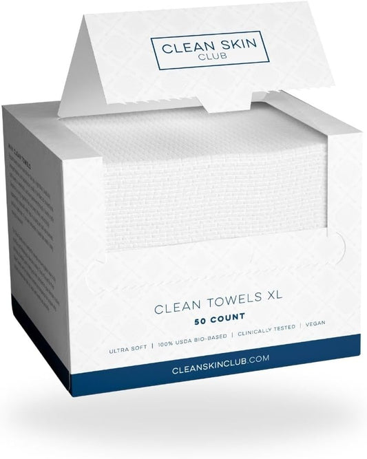 Clean Skin Club Clean Towels XL, 100% USDA Biobased Face Towel, Disposable Face Towelette, Makeup Remover Dry Wipes, Ultra Soft, 50 Ct, 1 Pack - PuriLite