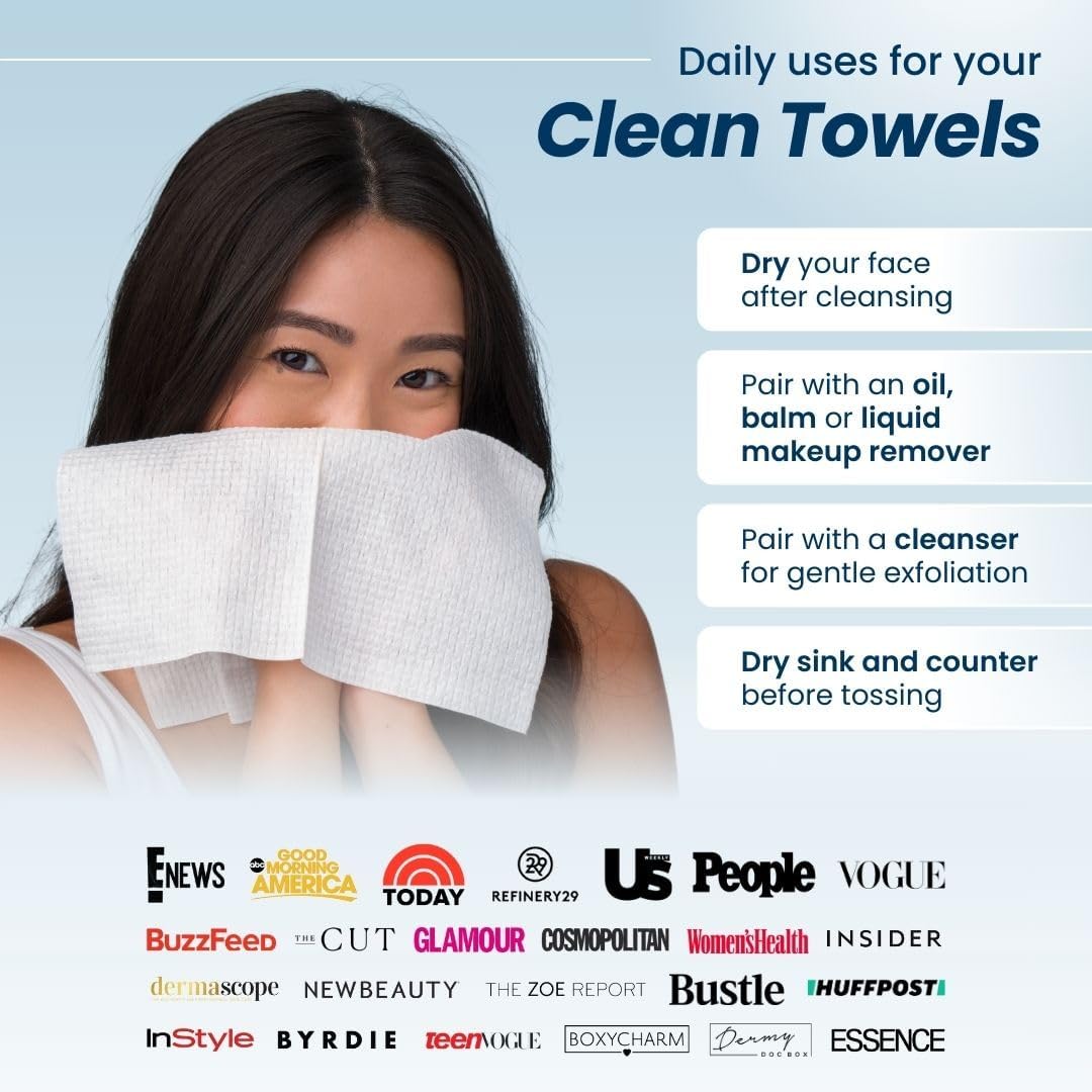 Clean Skin Club Clean Towels XL, 100% USDA Biobased Face Towel, Disposable Face Towelette, Makeup Remover Dry Wipes, Ultra Soft, 50 Ct, 1 Pack - PuriLite