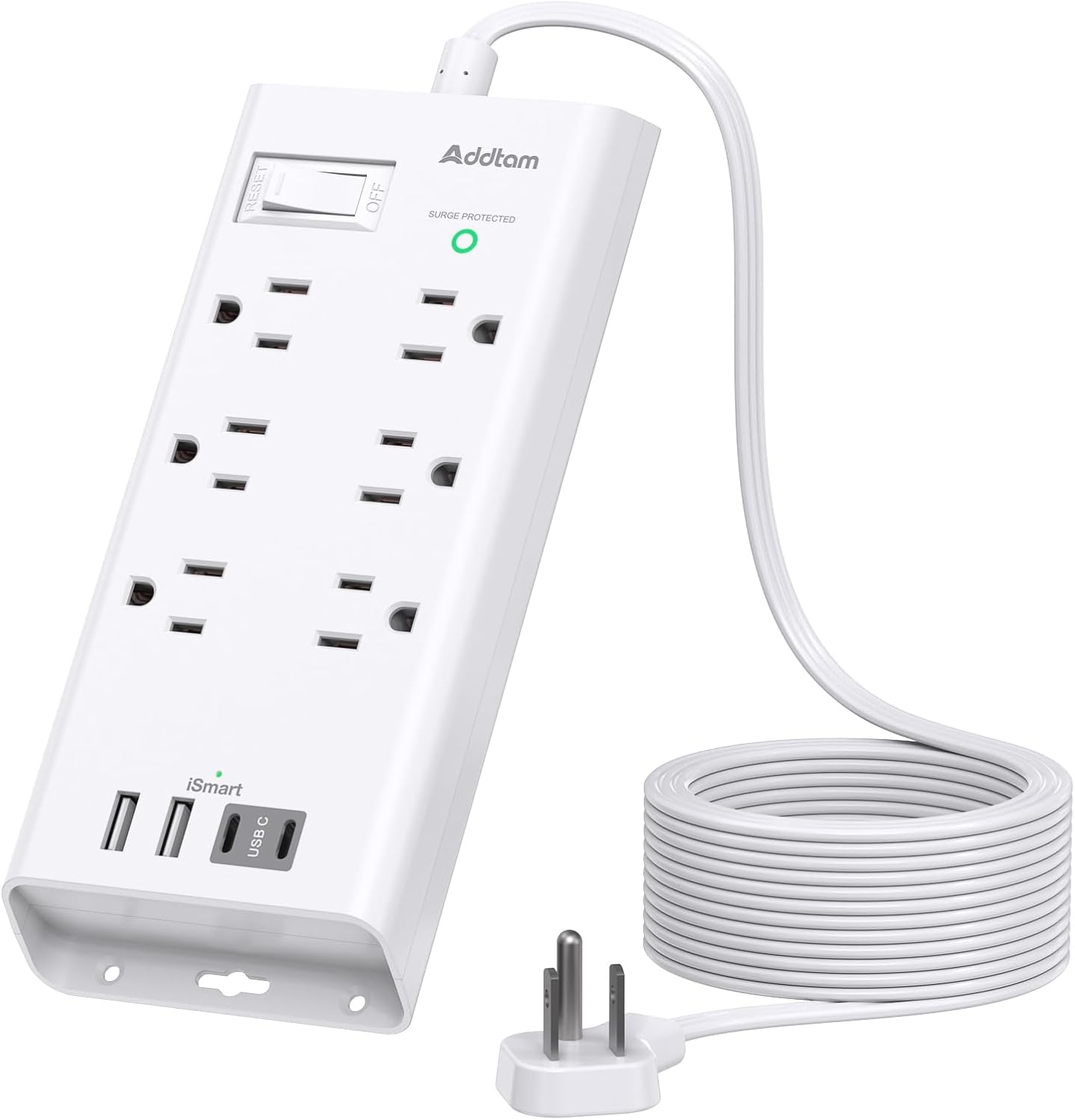 Power Strip Surge Protector - Addtam 10Ft Long Extension Cord with 6 Outlets and 4 USB Ports(2USB C), Flat Plug Overload Surge Protection Outlet Strip, Wall Mount for Home, Office and More - PuriLite