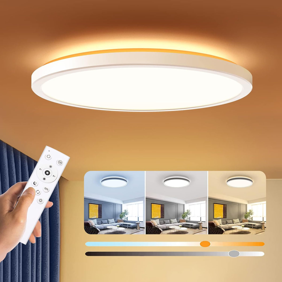 Dimmable LED Flush Mount Ceiling Light Fixture with Remote Control 12 Inch Ultra Thin Round Close to Ceiling Light 3000K to 6500K for Bedroom Kitchen Living Room - PuriLite