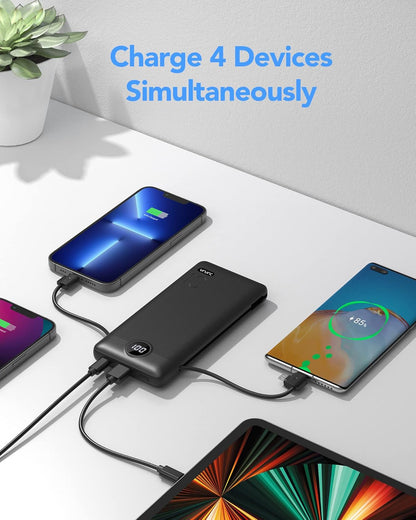 VRURC Portable Charger with Built-in Cables and AC Wall Plug, 10000mAh Power Bank USB C Phone Charger 5 Output 2 Input LED Display Ultra Slim External Battery Pack Compatible with Smart Devices-Black - PuriLite