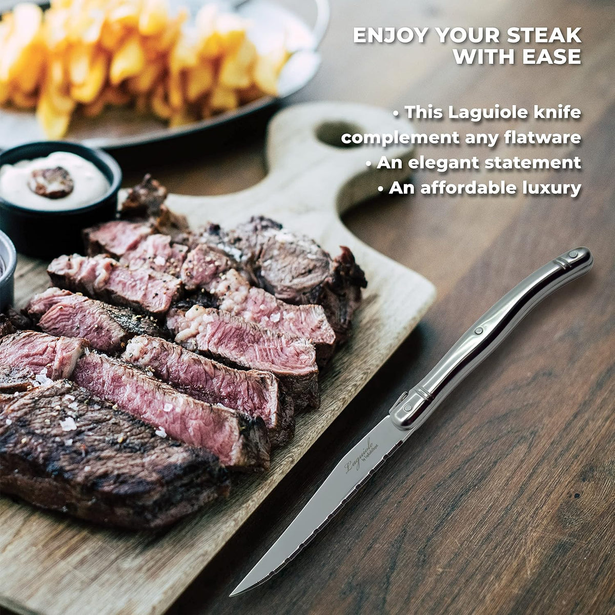 TopKnife Laguiole 6 pcs Steak Knife Set - Stainless Steel Handle - Pine Wood Block - PuriLite