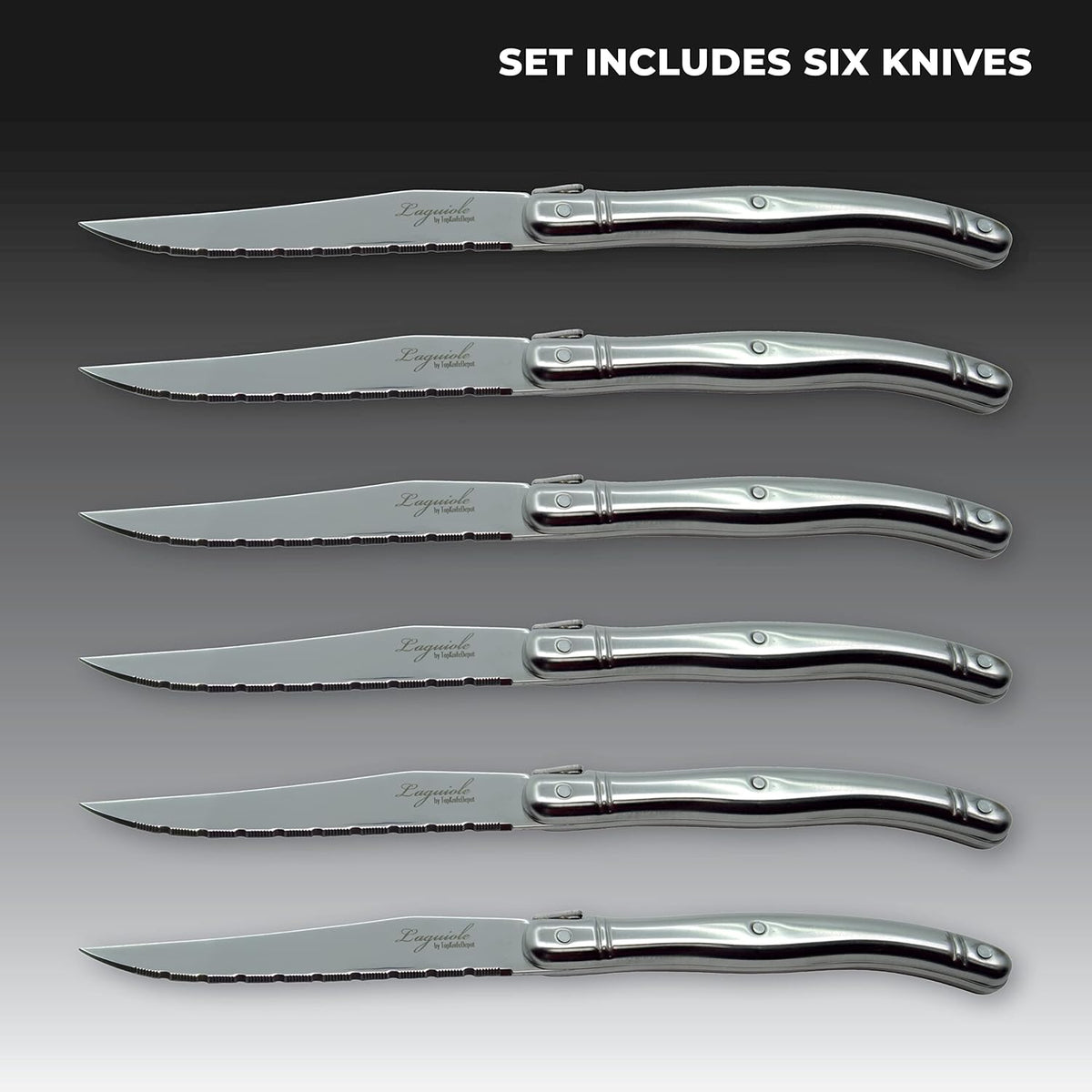 TopKnife Laguiole 6 pcs Steak Knife Set - Stainless Steel Handle - Pine Wood Block - PuriLite
