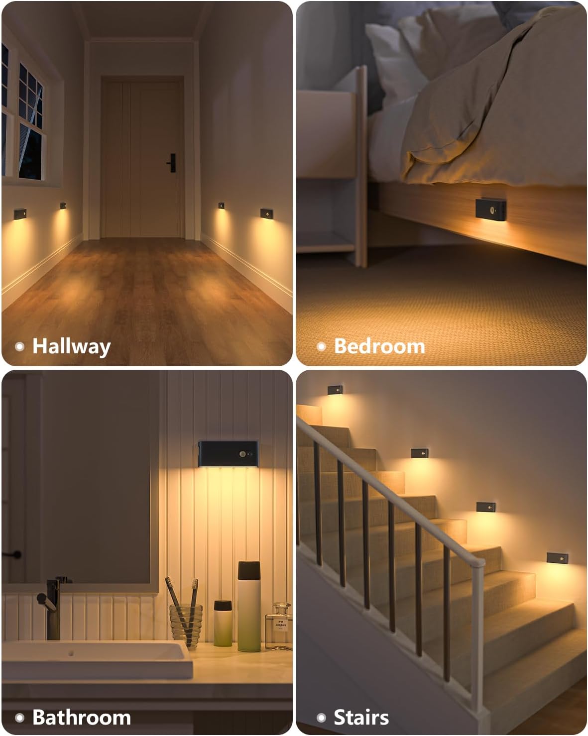 Rechargeable Motion Sensor Night Light Warm White LED Stick Anywhere Wireless Stair Lights for Hallway Bathroom Bedroom Closet (3 Pack) - PuriLite