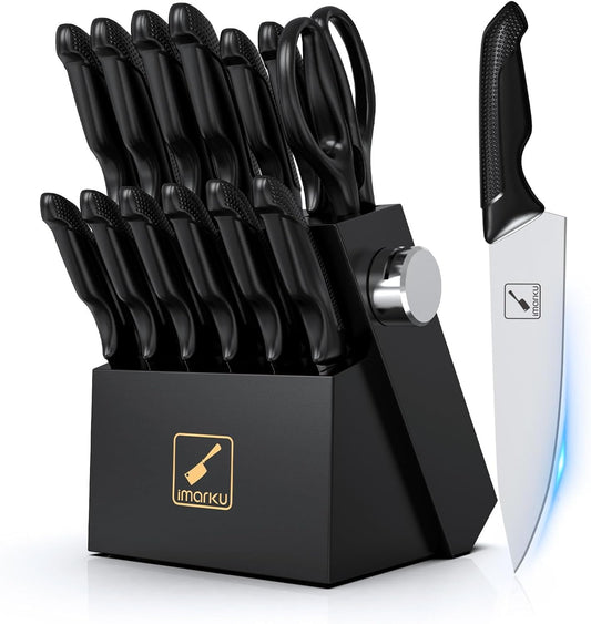 imarku Knife Set with Block, Sharp Knife Set with Built-in Sharpener, Japanese Stainless Steel Kitchen Knife Set with Non-Slip Ergonomic Handle, Dishwasher Safe, 14 PCS Best Mother's Day Gift, Black - PuriLite