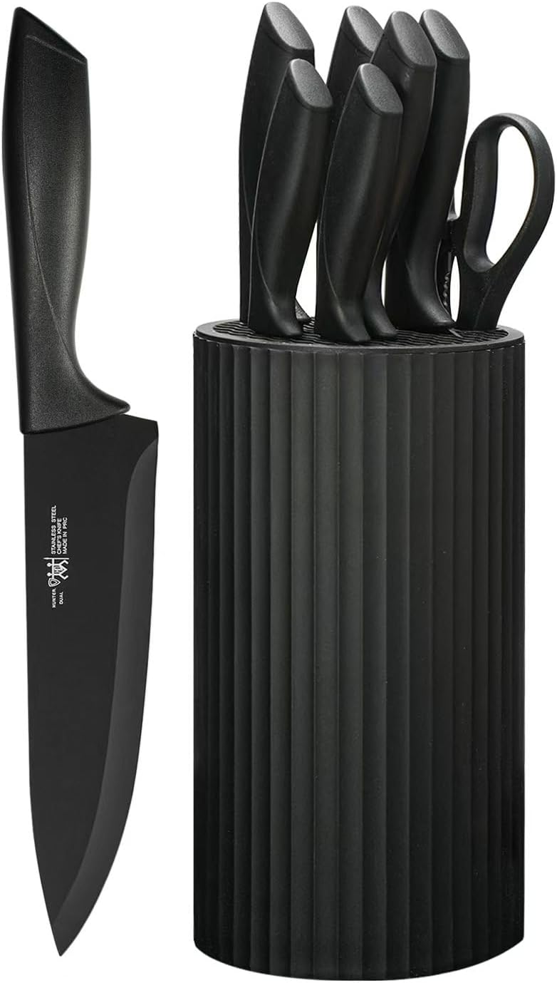Hunter.Dual Knife Set, 8-Piece Kitchen Knife Set for Chef, Sharp Knife Set with Universal Knife Block, Anti-Rust Kitchen Knife Block Set, Ergonomical Design (Black) - PuriLite