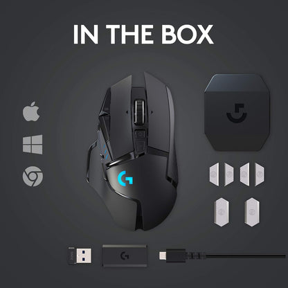 Logitech G502 Lightspeed Wireless Gaming Mouse with Hero 25K Sensor, PowerPlay Compatible, Tunable Weights and Lightsync RGB - Black - PuriLite