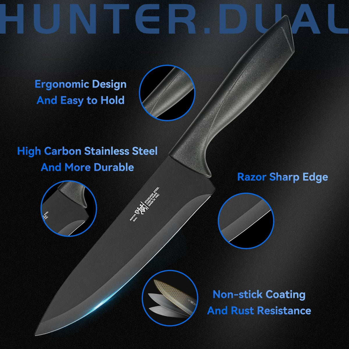 Hunter.Dual Knife Set, 8-Piece Kitchen Knife Set for Chef, Sharp Knife Set with Universal Knife Block, Anti-Rust Kitchen Knife Block Set, Ergonomical Design (Black) - PuriLite