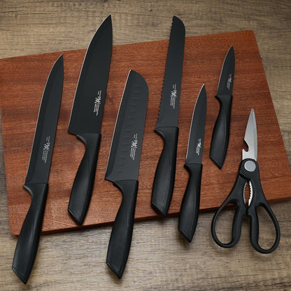Hunter.Dual Knife Set, 8-Piece Kitchen Knife Set for Chef, Sharp Knife Set with Universal Knife Block, Anti-Rust Kitchen Knife Block Set, Ergonomical Design (Black) - PuriLite