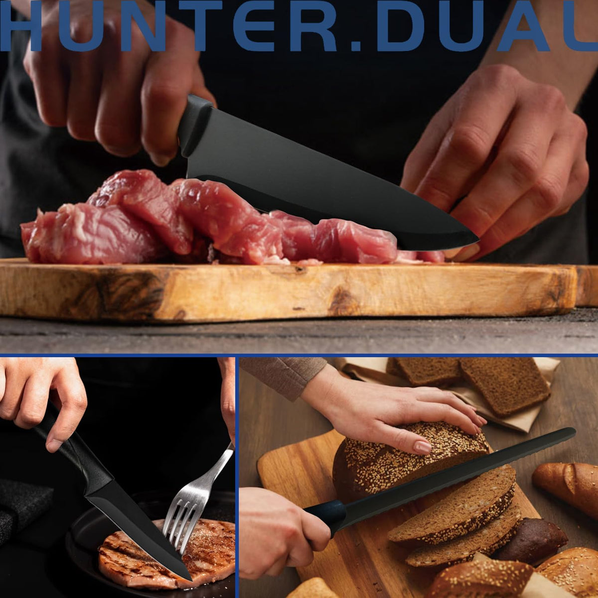 Hunter.Dual Knife Set, 8-Piece Kitchen Knife Set for Chef, Sharp Knife Set with Universal Knife Block, Anti-Rust Kitchen Knife Block Set, Ergonomical Design (Black) - PuriLite